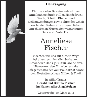 Traueranzeige von Anneliese Fischer von Super Sonntag Zeitz