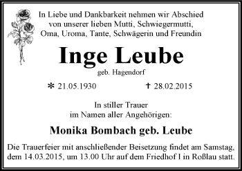 Traueranzeige von Inge Leube von Mitteldeutsche Zeitung Dessau-Roßlau