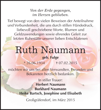 Traueranzeige von Ruth Naumann von Mitteldeutsche Zeitung Merseburg/Querfurt