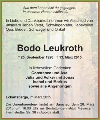 Traueranzeige von Bodo Leukroth von Mitteldeutsche Zeitung Naumburg/Nebra