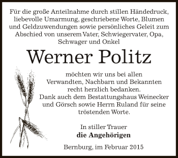 Traueranzeige von Werner Politz von Super Sonntag Bernburg