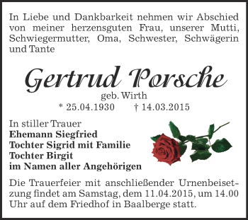 Traueranzeige von Gertrud Parsche von Super Sonntag Bernburg