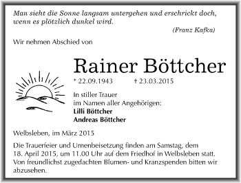 Traueranzeige von Rainer Böttcher von Mitteldeutsche Zeitung Mansfelder Land