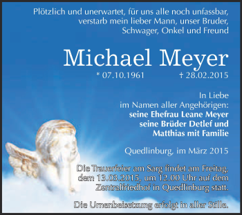 Traueranzeige von Michael Meyer von WVG - Wochenspiegel Quedlinburg