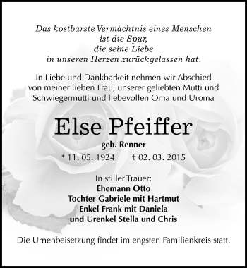 Traueranzeige von Else Pfeiffer von Mitteldeutsche Zeitung Halle/Saalkreis