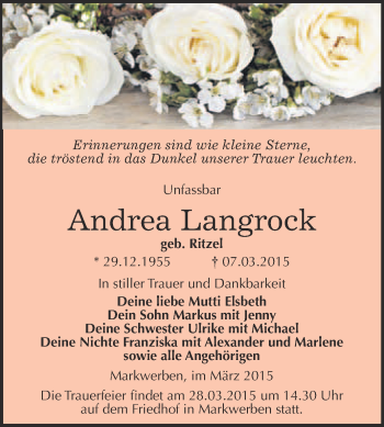 Traueranzeige von Andrea Langrock von WVG - Wochenspiegel NMB / WSF / ZTZ