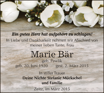 Traueranzeige von Marie Bär von Super Sonntag Zeitz