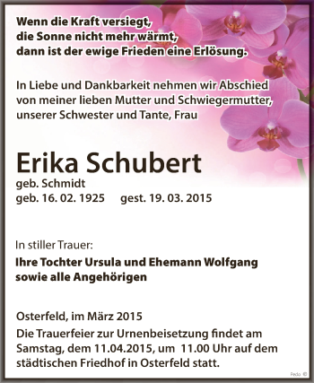 Traueranzeige von Erika Schubert von Super Sonntag Zeitz