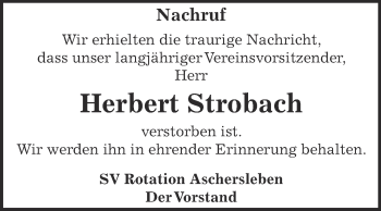 Traueranzeige von Herbert Strobach von Super Sonntag Aschersleben