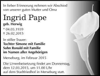 Traueranzeige von Ingrid Pape von Mitteldeutsche Zeitung Merseburg/Querfurt