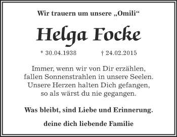 Traueranzeige von Helga Focke von WVG - Wochenspiegel Dessau / Köthen