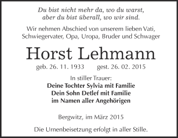 Traueranzeige von Horst Lehmann von WVG - Wochenspiegel Wittenberg