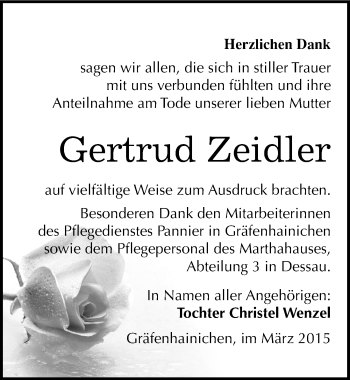 Traueranzeige von Gertrud Zeidler von Mitteldeutsche Zeitung Wittenberg