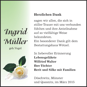 Traueranzeige von Ingrid Müller von Super Sonntag Zeitz