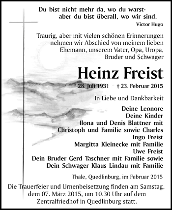 Traueranzeige von Heinz Freist von WVG - Wochenspiegel Quedlinburg