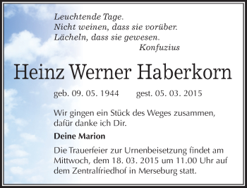 Traueranzeige von Heinz Werner Haberkorn von Mitteldeutsche Zeitung Merseburg/Querfurt