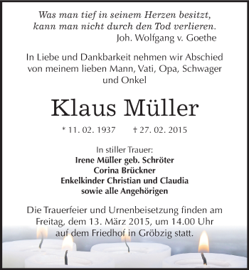 Traueranzeige von Klaus Müller von Mitteldeutsche Zeitung Köthen