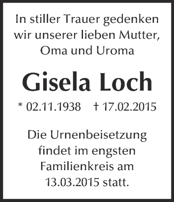 Traueranzeige von Gisela Loch von Super Sonntag Wittenberg