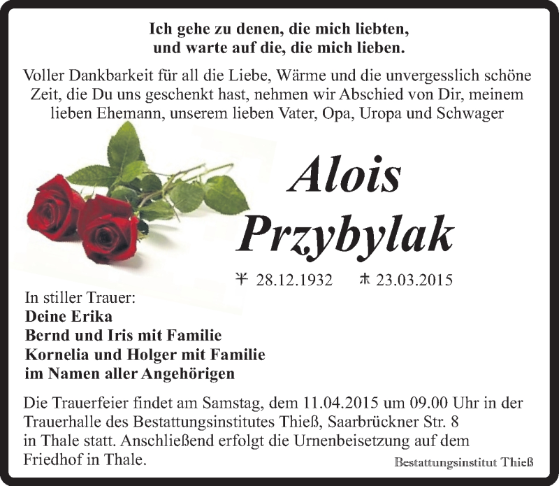  Traueranzeige für Alois Przybylak vom 28.03.2015 aus Mitteldeutsche Zeitung Quedlinburg