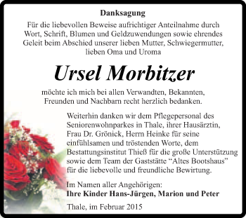 Traueranzeige von Ursel Morbitzer von Super Sonntag Quedlinburg