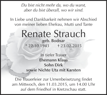 Traueranzeige von Renate Strauch von Super Sonntag Zeitz