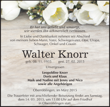 Traueranzeige von Walter Knorr von Mitteldeutsche Zeitung Sangerhausen