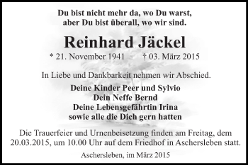 Traueranzeige von Reinhard Jäckel von WVG - Wochenspiegel Quedlinburg
