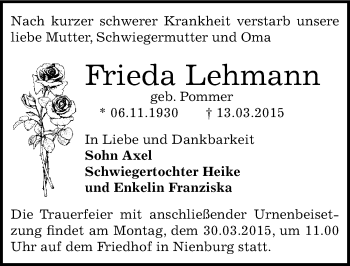 Traueranzeige von Frieda Lehmann von Mitteldeutsche Zeitung Bernburg