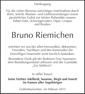 Traueranzeige von Bruno Riemichen von WVG - Wochenspiegel Wittenberg