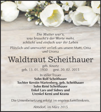 Traueranzeige von Waldtraut Scheithauer von Super Sonntag Wittenberg