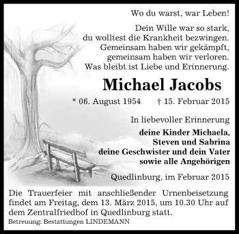 Traueranzeige von Michael Jacobs von Mitteldeutsche Zeitung Quedlinburg