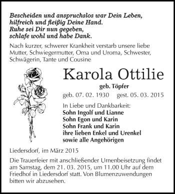 Traueranzeige von Karola Ottilie von WVG - Wochenspiegel SGH