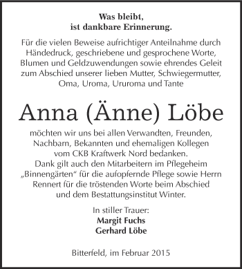 Traueranzeige von Anna Löbe von WVG - Wochenspiegel Bitterfeld