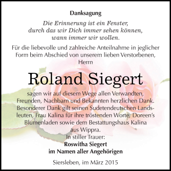 Traueranzeige von Roland Siegert von Super Sonntag SGH Mansf. Land