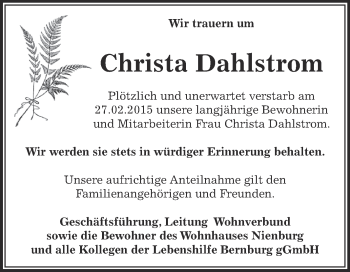 Traueranzeige von Christa Dahlstrom von Super Sonntag Bernburg