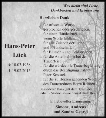 Traueranzeige von Hans-Peter Lück von WVG - Wochenspiegel Dessau / Köthen