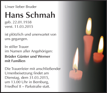 Traueranzeige von Hans Schmah von Mitteldeutsche Zeitung Bernburg