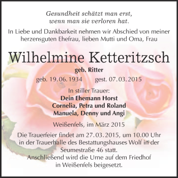 Traueranzeige von Wilhelmine Ketteritzsch von WVG - Wochenspiegel NMB / WSF / ZTZ