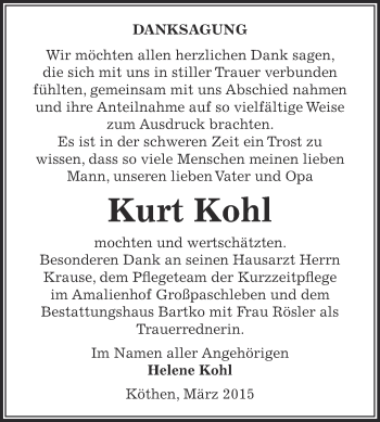 Traueranzeige von Kurt Kohl von WVG - Wochenspiegel Dessau / Köthen