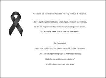 Traueranzeige von Opfer des Flugzeugabsturzes  von Mitteldeutsche Zeitung