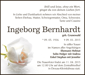 Traueranzeige von Ingeborg Bernhardt von WVG - Wochenspiegel Dessau / Köthen