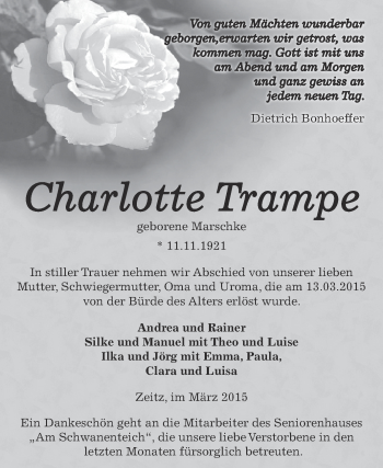 Traueranzeige von Charlotte Trampe von Super Sonntag Zeitz