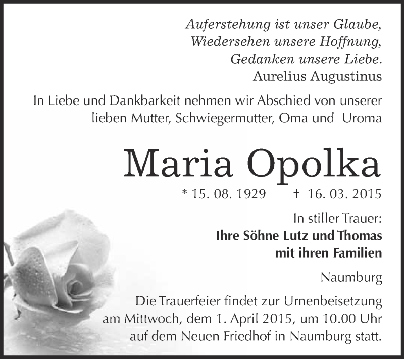  Traueranzeige für Maria Opolka vom 25.03.2015 aus WVG - Wochenspiegel NMB / WSF / ZTZ