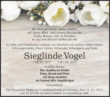 Traueranzeige von Sieglinde Vogel von WVG - Wochenspiegel NMB / WSF / ZTZ