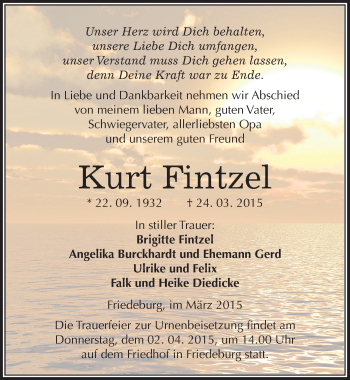 Traueranzeige von Kurt Fintzel von Mitteldeutsche Zeitung Mansfelder Land