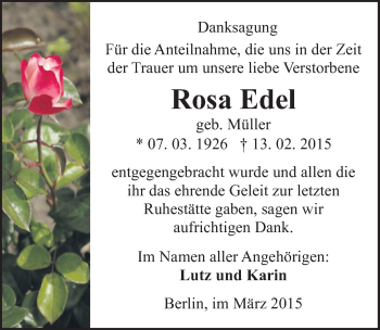 Traueranzeige von Rosa Edel von Mitteldeutsche Zeitung Sangerhausen
