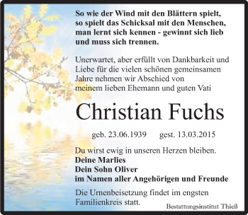 Traueranzeige von Christian Fuchs von Mitteldeutsche Zeitung Quedlinburg