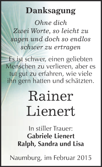Traueranzeige von Rainer Lienert von WVG - Wochenspiegel NMB / WSF / ZTZ