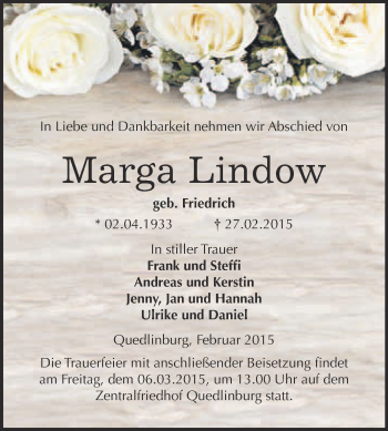 Traueranzeige von Marga Lindow von WVG - Wochenspiegel Quedlinburg