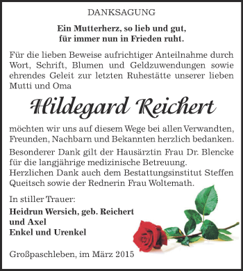 Traueranzeige von Hildegard Reichert von WVG - Wochenspiegel Dessau / Köthen